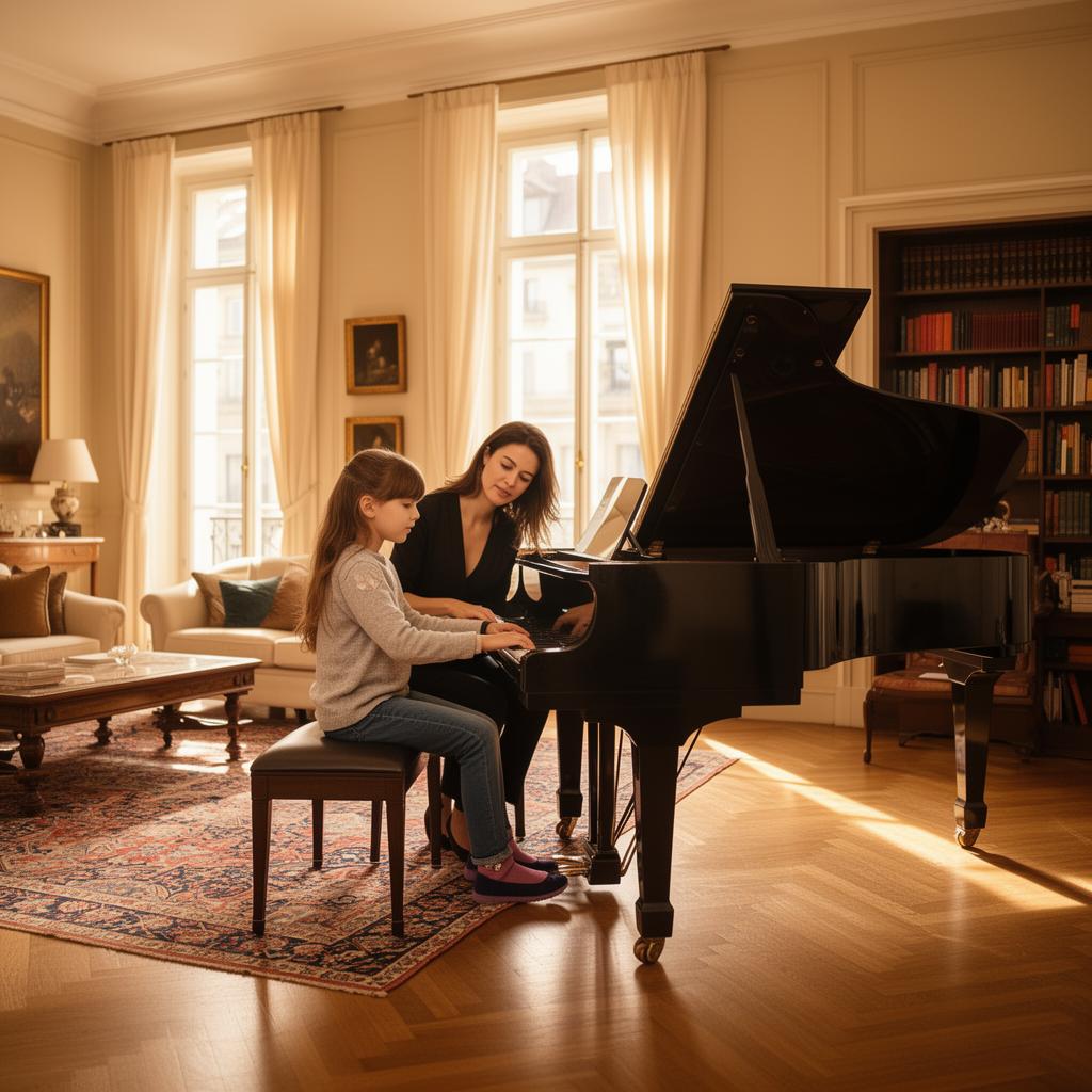 Kind lernt Klavier zu Hause mit einer professionellen Lehrerin in einer Basler Altbauwohnung